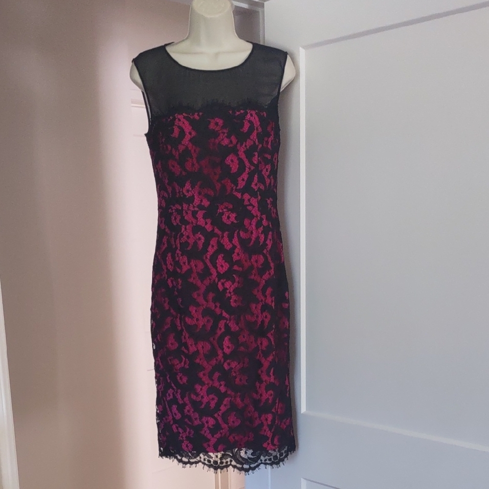 Karen Millen Elegant Black and Pink Lace Overlay Dress - Size 8